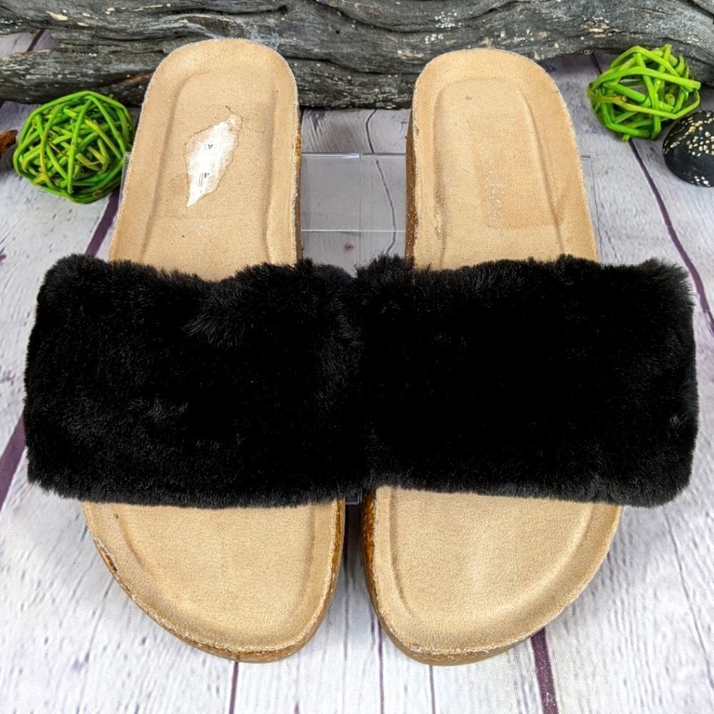 Anneliese Faux Fur Black Strap & Cork Slippers Slides